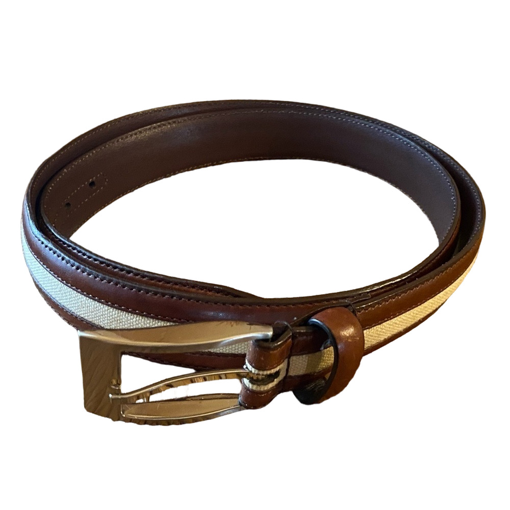 Genuine Brown leather with Cream Canvas trim silver buckle Belt size 44